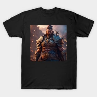 Bearded Adult Warlord with Historical Weapon in Screenshot T-Shirt